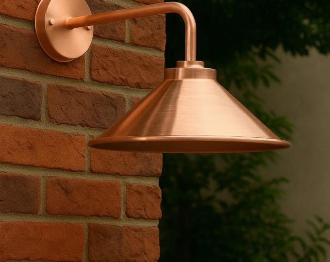 Copper Barn Wall Light, Outdoor Rustic Sconce, Curved Arm Farmhouse Wall Lamp, Polished Copper Exterior Lighting Fixture