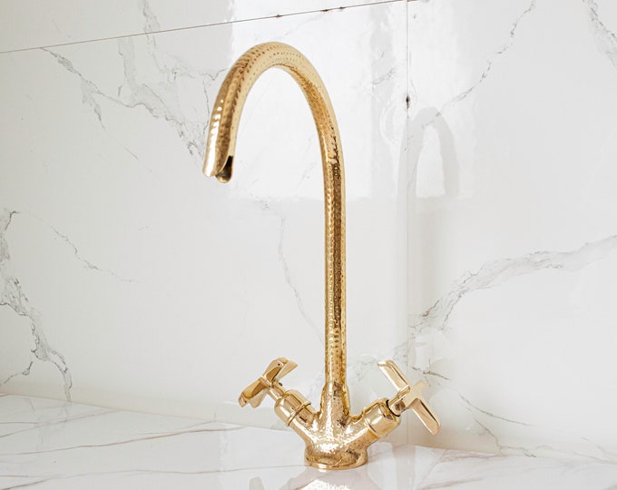 Unlacquered Brass Bridge Kitchen Faucet: Vintage Farmhouse Style