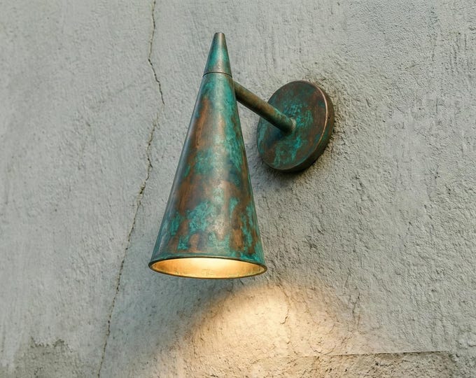 Copper Wall Sconce, Verdigris Cone Light, Rustic Farmhouse Lighting, Handmade Lamp