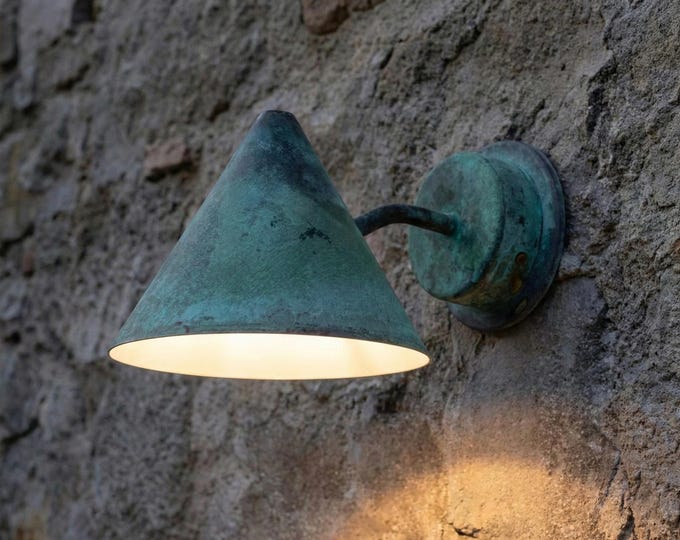 Outdoor Copper Sconce Light, Green Patina Conic Pendant,