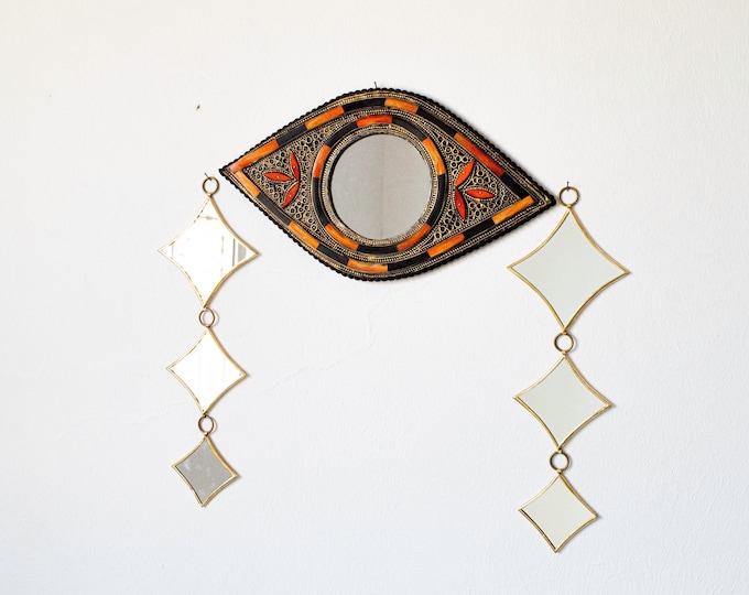 Vintage Moroccan Evil Eye Mirror: Carved Bone & Brass Wall Decor