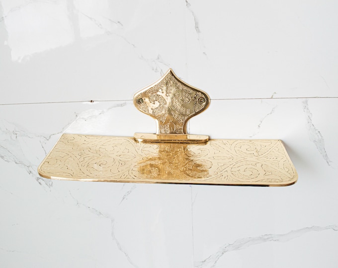 Engraved Unlacquered Brass Shelf: Aged Floating Wall Ledge
