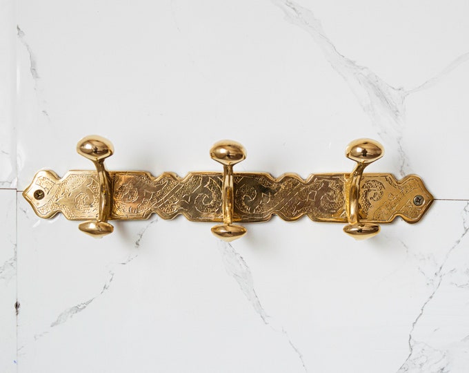 Unlacquered Brass Coat Hook Rack: Vintage Wall Hanger