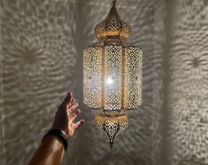 Handmade Moroccan Brass Pendant Light: Floral Ceiling Lamp
