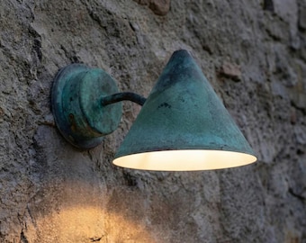 Green Patina Copper Outdoor Sconce Light: Conic Pendant