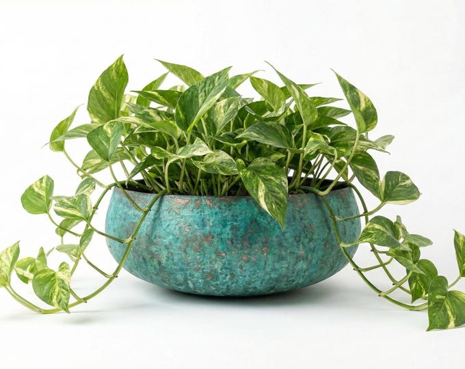 Oxidized Copper Planter Bowl, Verdigris Patina Vase, Boho Home Decor