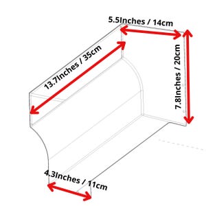 May include: A clear plastic storage bin with a curved front and a flat back. The bin measures 13.7 inches by 5.5 inches by 7.8 inches.