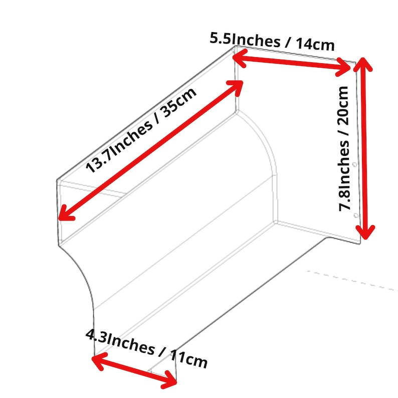 May include: A clear plastic storage bin with a curved front and a flat back. The bin measures 13.7 inches by 5.5 inches by 7.8 inches.