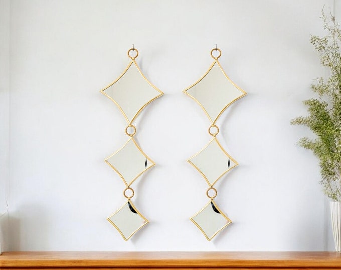 Diamond Wall Hanging Mirrors: Brass Asymmetric Decor, Set of 2
