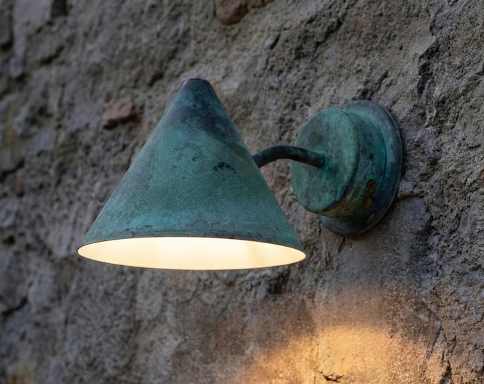 Monopoint conic wall light,  Outdoor Sconce lamp, Green Patina Wall fixture, oxidized copper , patio luminaire