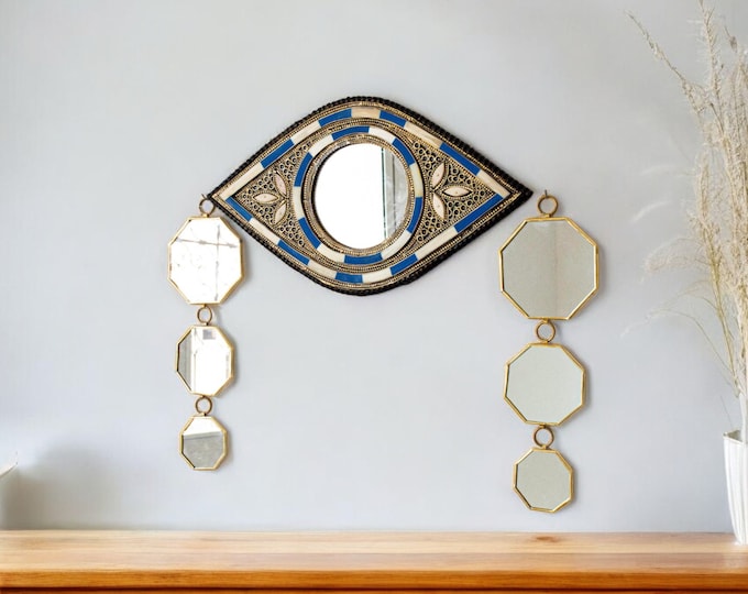 Vintage Moroccan Evil Eye Mirror: Carved Bone & Brass Wall Decor