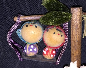 Vintage Japan Miniature Wood Dolls on Swing Set