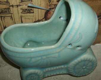 Vintage Blue Ceramic Baby Buggy