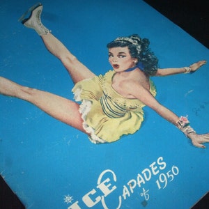 May include: A vintage poster advertising the Ice Capades of 1950. A woman in a yellow and white dress is ice skating with her leg extended in a split. The poster has a blue background with a white snowflake.