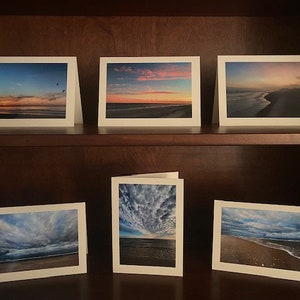 Cartes de voeux faites à la main avec de vraies impressions photo, océan et ciel. Lot de 6 avec enveloppes, vierges à l'intérieur.