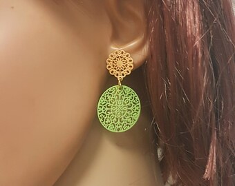 Green Filigree Earrings, Lime Green Vintage Style Earrings, Mint Circle Drop Earrings, Romantic Earrings, Rustic Dangle Earring For Women