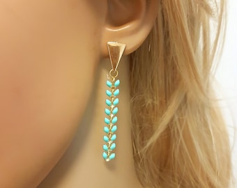 Turquoise Earrings Dangle, Chevron Earrings Stud, Fishbone Earrings, Turquoise Color, Gold and Teal Earrings, Turquoise Drop Earrings