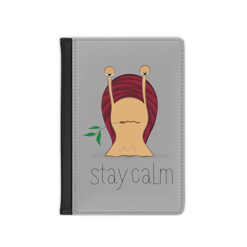 Cute Passport Cover with Be Calm Qoute, Grey Rfid Passport Holder for Women, Rfid Blocking Wallet, Gift for Travel Lover, Faux Leather image 1