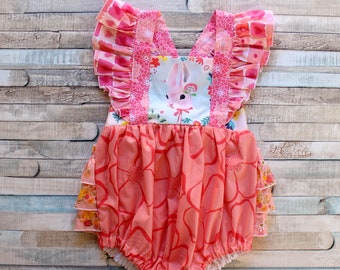 SALE SIZE 12 month, Bunny Romper, Easter Romper, Toddler Romper, ruffle romper, ruffle bottom, Baby romper, toddler girl romper