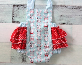 SALE SIZE 3-6 MO, Bunny romper, Easter romper, Easter outfit, Retro romper, toddler romper, girls romper, summer romper,  romper