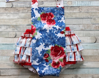 Floral patriotic baby romper, toddler sunsuit, cake smash outfit, ruffle butt romper,  holiday baby outfit,