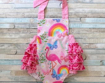 Flamingo Romper, Summer romper, Ruffle romper, cruise romper, Ruffle bottom, romper, Baby romper, toddler romper, girls romper,