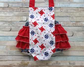 Floral patriotic baby romper, toddler romper, ruffle romper, ruffle butt romper,  toddler romper, baby outfit,