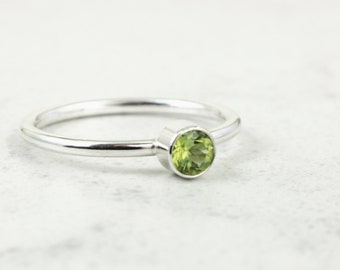 Peridot and Sterling Silver ring, chartreuse green gemstone, Stacking, Minimal