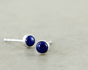 Lapis Lazuli and Sterling Silver studs, small blue gemstone earrings