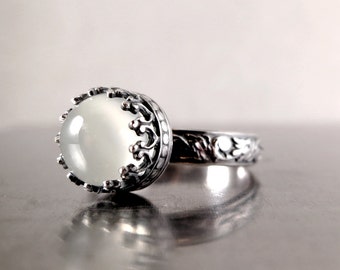 Moonstone and Sterling Silver Ring, white gemstone, Crown setting, Stacking, floral band