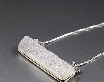 Druzy and Sterling Silver bar necklace, white sparkling gemstone jewelry
