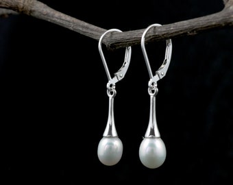 Pearl Teardrop earrings, Sterling Silver white pearl drops