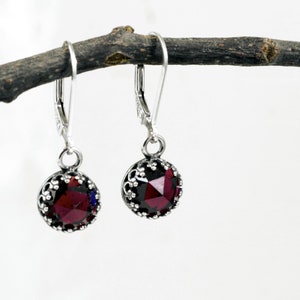 Sterling Silver Garnet earrings,  red gemstone dangles, January Birthstone jewelry