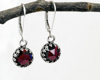 Sterling Silver Garnet earrings,  red gemstone dangles, January Birthstone jewelry