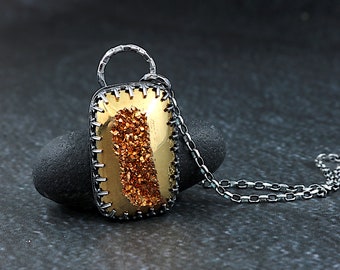 Golden Titanium Agate Drusy and Sterling silver necklace, One of a Kind Gift
