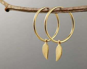 Gold Hoops with leaves, leaf earrings, Nature inspired jewelry