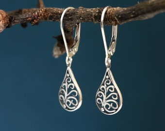 Sterling Silver Filigree Teardrop earrings, nature inspired jewelry