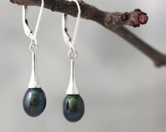 Pearl and Sterling Silver Drop earrings, genuine dark freshwater pearl jewelry