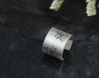 Sterling Silver Dandelion Puff ear cuff, hand stamped non pierced ear wrap, Nature inspired jewelry