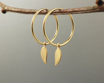 Gold Hoops with leaves, leaf earrings, Nature inspired jewelry