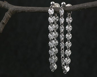 Long Sequin Chain earrings, Sterling Silver Starburst disc dangles