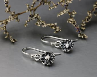 Small Flower earrings Sterling Silver, little sunflower dangles, Nature Jewelry, 1/4 inch
