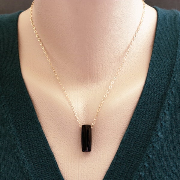 Onyx and gold necklace, black gemstone pendant, layering jewelry