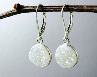 White Drusy earrings, Sterling Silver raw gemstone jewelry, Snow Drops