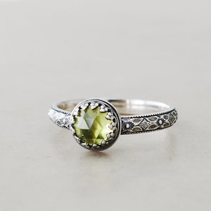 Sterling Silver Peridot ring, genuine green rose cut gemstone, antiqued crown setting, stackable, August birthstone jewelry