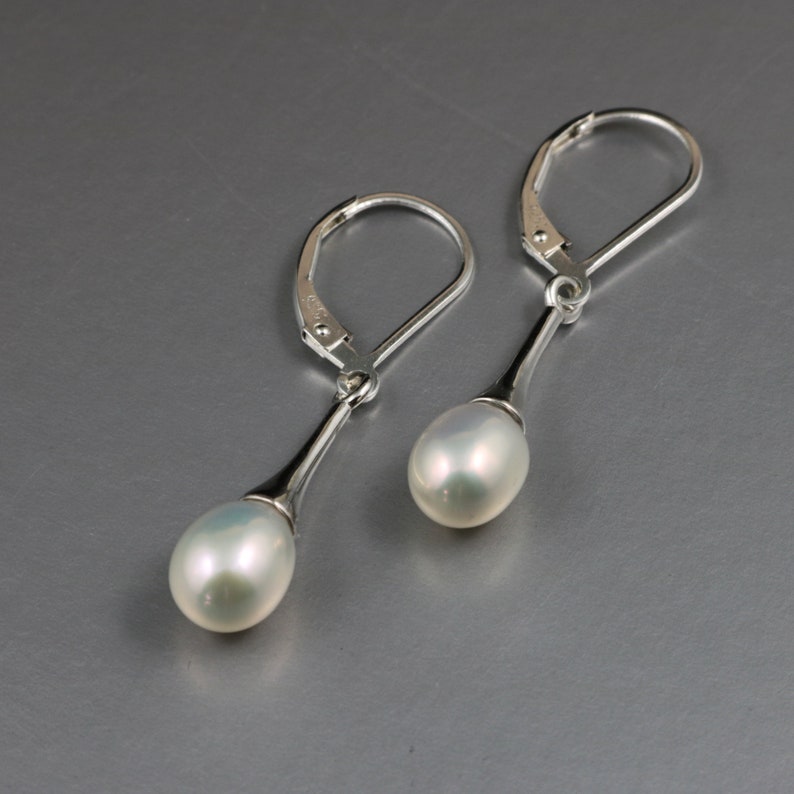 Pearl Teardrop earrings, Sterling Silver white pearl drops image 3