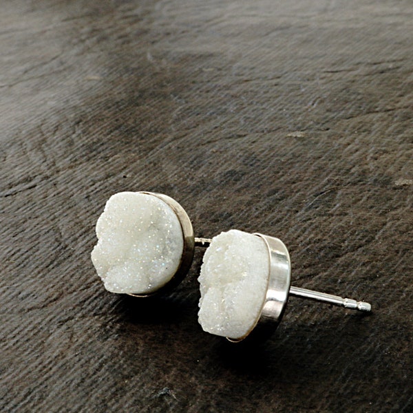 White Druzy stud earrings, Sterling Silver, raw gemstone jewelry