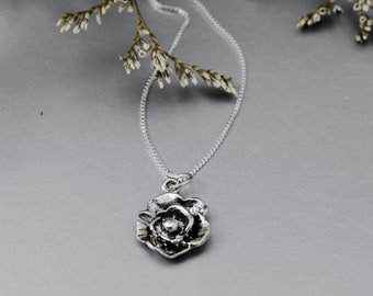 Rose necklace in Sterling Silver, antiqued flower pendant, Nature Inspired jewelry gift