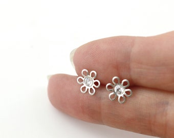 Sterling Silver Flower studs, Cubic Zirconia earring, Flower Power jewelry