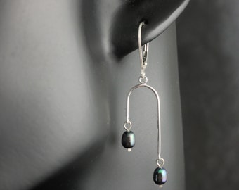 Arch earrings in Sterling Silver and Peacock Pearls, slender arc dangles, leverback drops